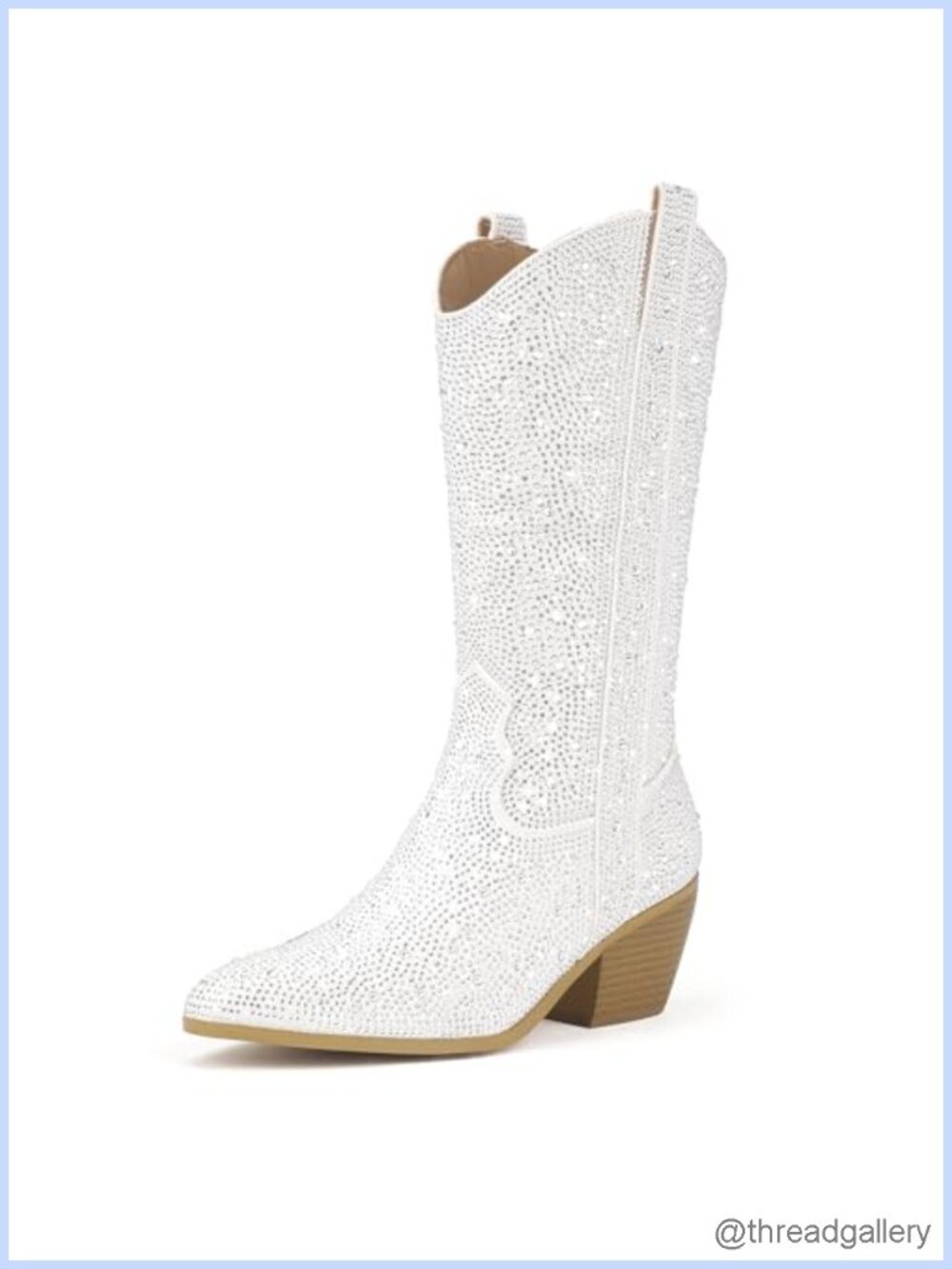 Rhinestone Mid Calf Western Cowgirl Boots Pointed Toe Block Heel